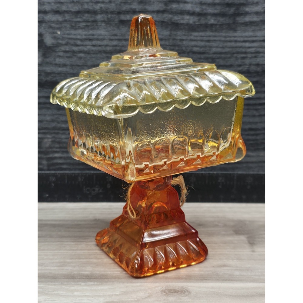 Vintage Jeanette Wedding Box Amberina Red Yellow Square Pedestal Candy Dish 6"